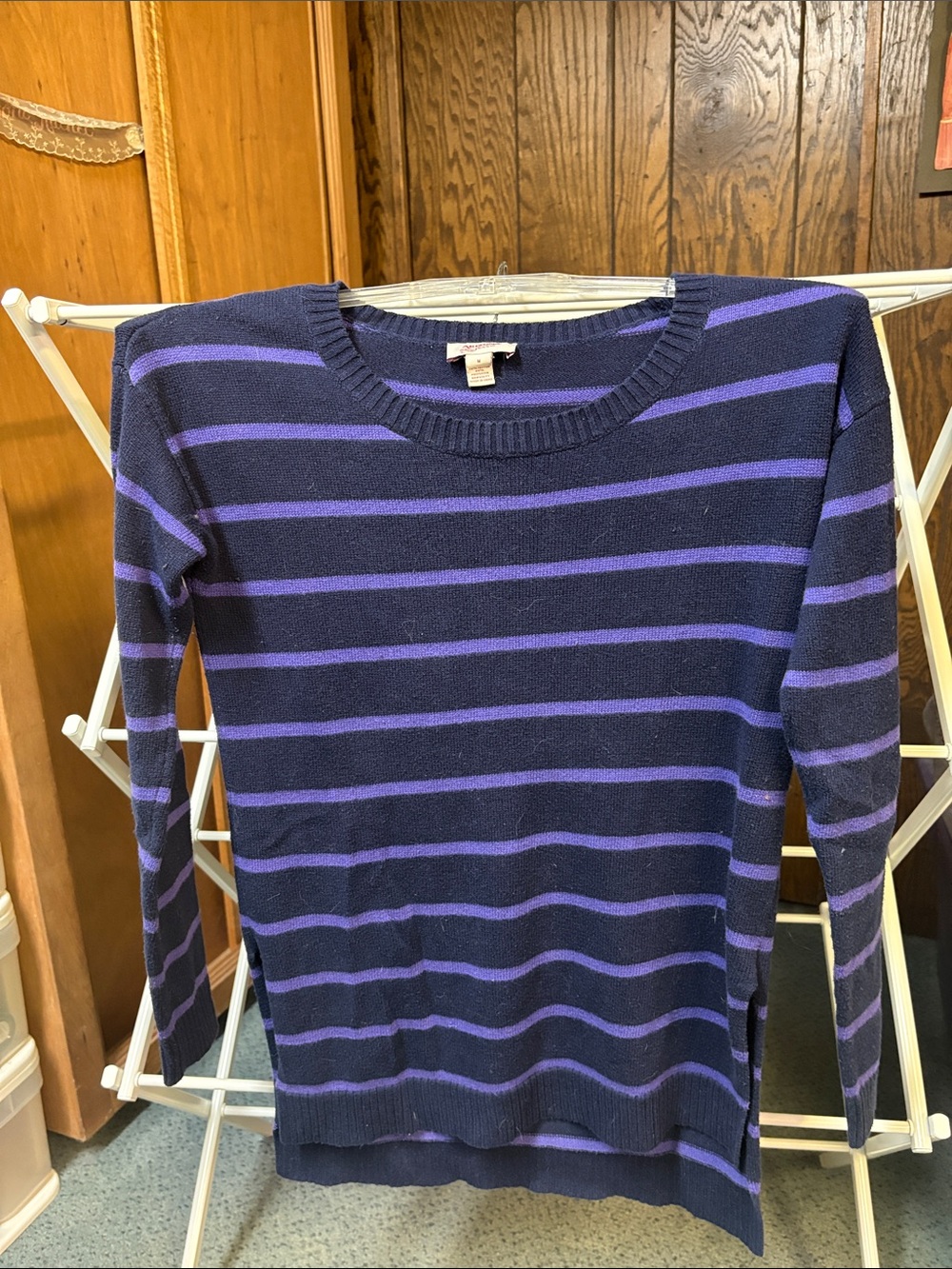Arizona Jean Company Navy and Purple Striped Crewneck Sweater
